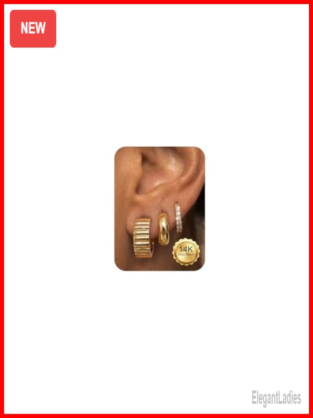 14K Gold Plated Hoop Earrings Huggie Chunky Stack 3 Pairs Set